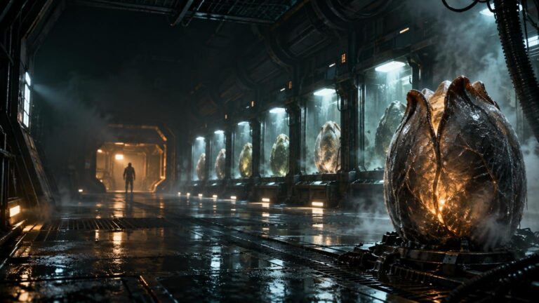 A dim, misty sci-fi corridor lined with glowing glass chambers holding large organic egg-shaped pods, with a lone silhouetted figure standing in a warm-lit doorway in the distance.