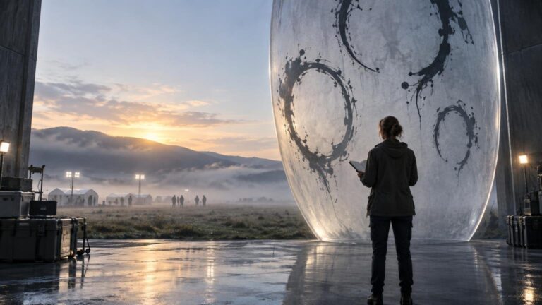 A woman seen from behind stands inside a dark hangar facing a huge pale oval alien vessel marked with black circular ink-like symbols; foggy hills, tents, work lights, and small groups of people sit beyond the open doorway at sunrise.