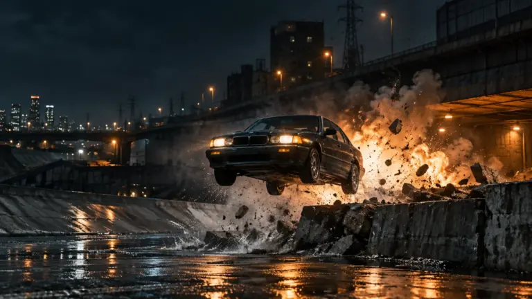 A dark sedan jumps over a rain-slick concrete channel at night as an explosion erupts behind it beneath elevated roadways and city lights.