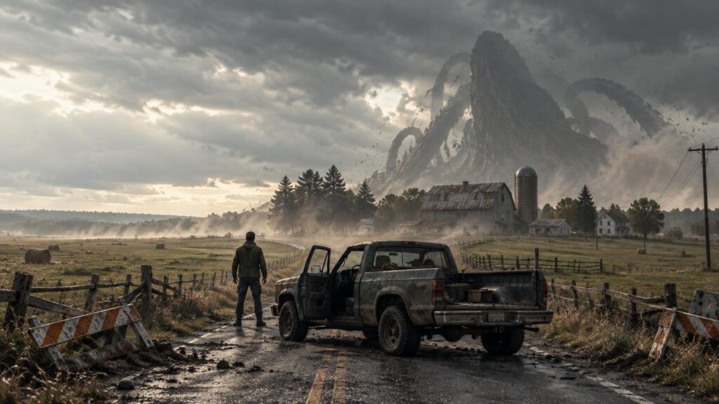 A lone person stands beside a weathered pickup truck on a blocked rural road, facing a farm and an enormous tentacled creature rising through storm clouds in the distance.