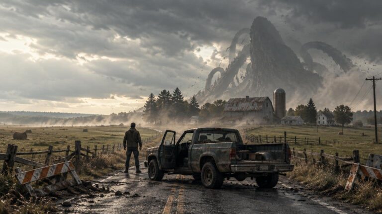 A lone person stands beside a weathered pickup truck on a blocked rural road, facing a farm and an enormous tentacled creature rising through storm clouds in the distance.