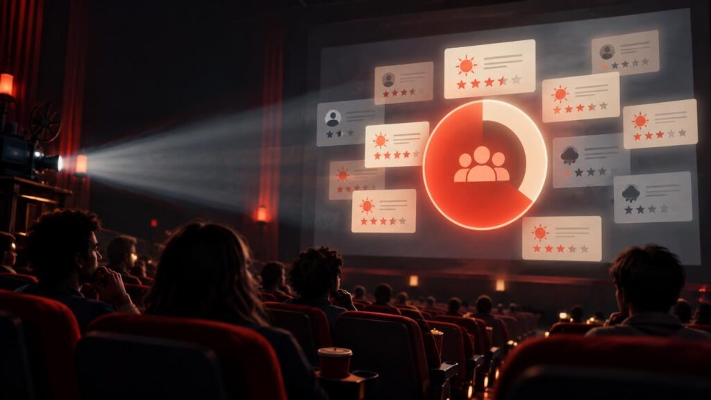 Movie theater audience watching a large screen with a glowing red audience-score chart surrounded by mixed review cards and star ratings.