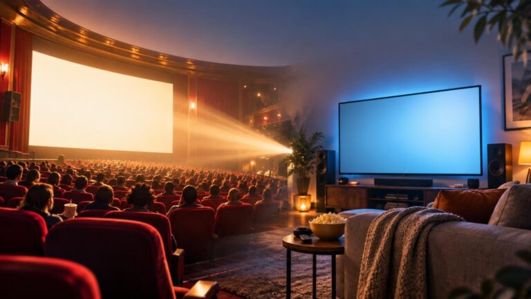 Split-style cinematic scene contrasting a crowded red-seat movie theater with a glowing projection screen on the left and a cozy living room with a large blue television, sofa, and popcorn on the right.