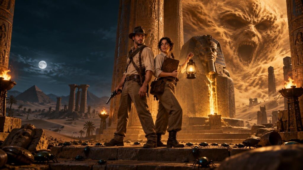 Cinematic desert-temple scene with two armed explorers holding a lantern and book before Egyptian columns, pyramids, fire bowls, scarabs, and a giant skull-shaped sandstorm.