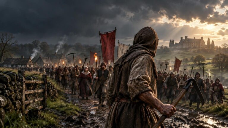 Cinematic medieval scene of a hooded villager holding a pickaxe as a torchlit crowd carrying red banners marches through a muddy village beneath storm clouds and a distant manor.