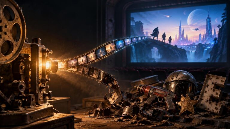 Cinematic illustration of an old film projector casting a curling strip of film toward a theater screen showing silhouetted adventurers before a glowing futuristic city; broken sci-fi props, including a helmet and ray-gun-like device, lie in the foreground.