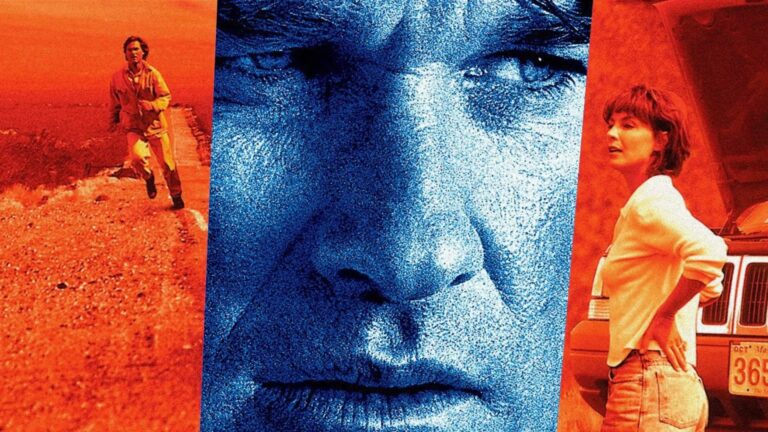 Grainy triptych image in red and blue: a man walks along a desert road, a large close-up of a worried man’s face fills the center, and a woman stands beside a vehicle on the right.