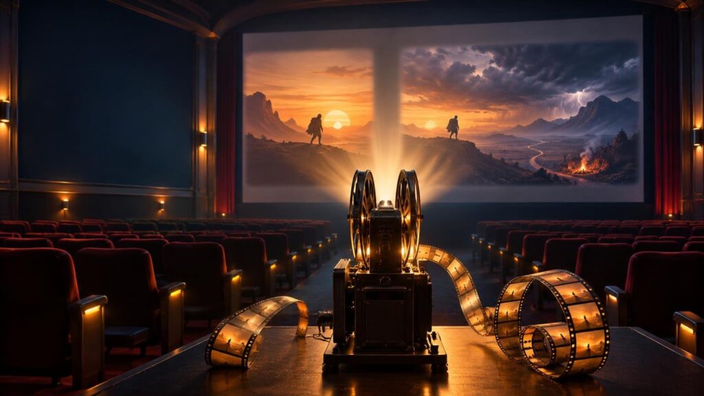 A vintage film projector in a dark cinema casts light toward a wide screen showing two contrasting fantasy landscapes, with curled film reels in the foreground and rows of red seats.