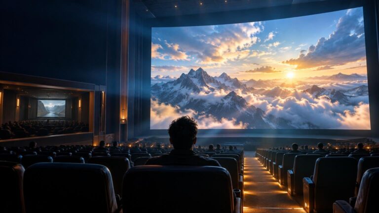 A cinema audience faces a huge screen showing sunlit mountains above clouds, with a smaller theater view visible at left.