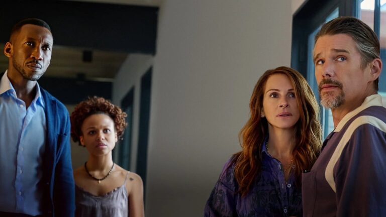 Four worried people stand in a modern home interior, looking toward something off-camera; a large blank wall separates the groups.