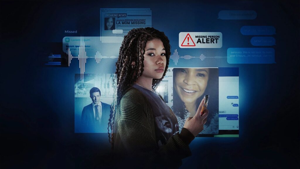 Blue-toned thriller collage of a young woman holding a smartphone before overlapping screens showing a missing-person alert, messages, a news page, video-call imagery, and an audio waveform.