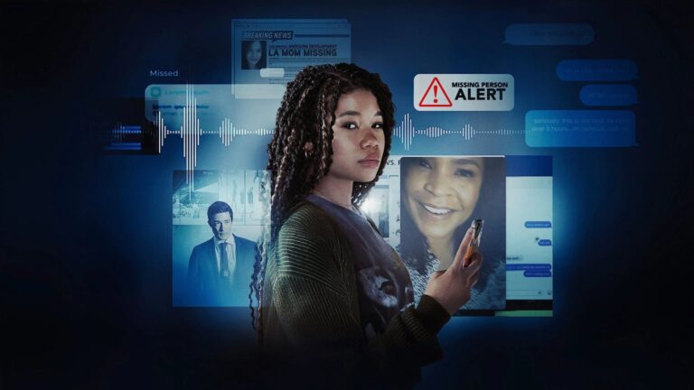 Blue-toned thriller collage of a young woman holding a smartphone before overlapping screens showing a missing-person alert, messages, a news page, video-call imagery, and an audio waveform.