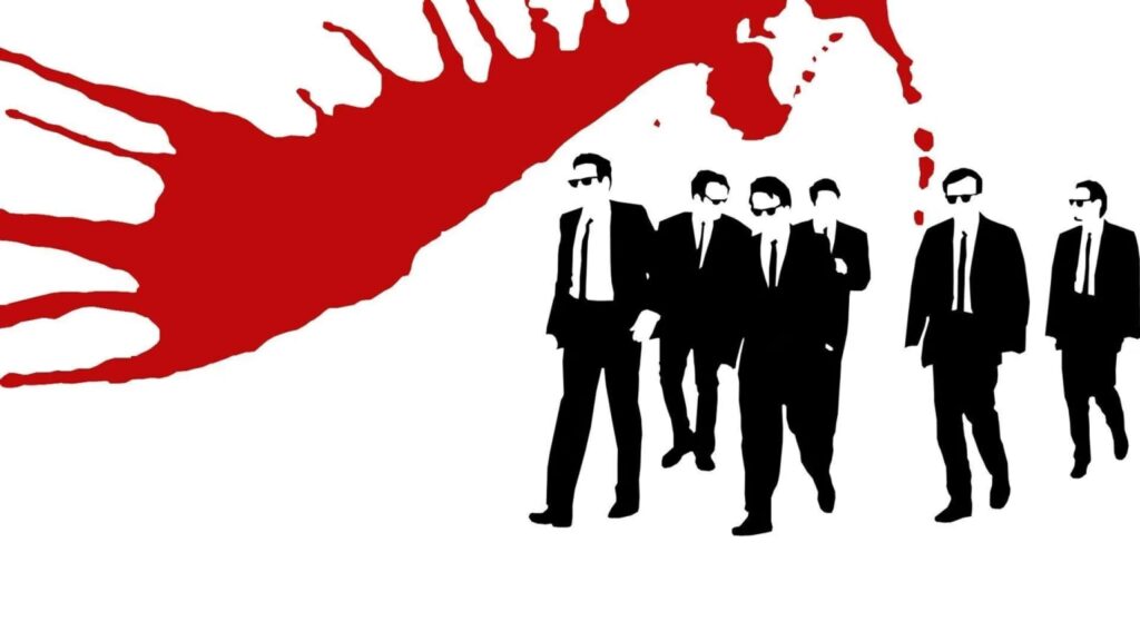 High-contrast graphic illustration of six men in black suits and sunglasses standing against a white background beneath a large red blood-splatter shape.