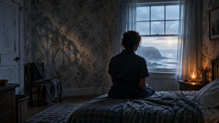 A woman sits on the edge of a bed facing a window overlooking a rocky coastline, with a lit candle on a bedside table in a dim, worn bedroom.