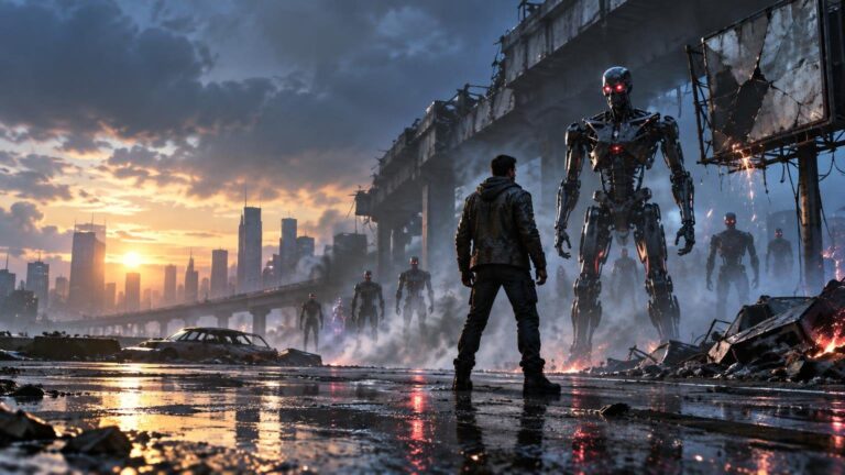 A lone man faces red-eyed humanoid robots in a smoky, ruined city at sunset, with wrecked cars and a broken elevated roadway behind them.