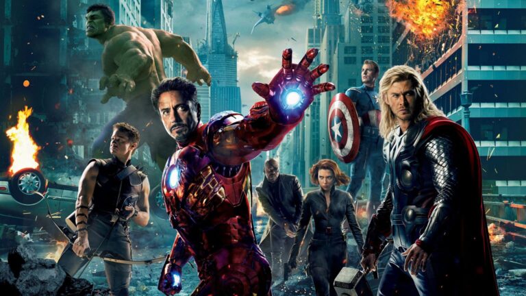 Cinematic superhero ensemble artwork showing armored, hammer-wielding, shield-bearing and archer figures amid explosions and damaged city skyscrapers.