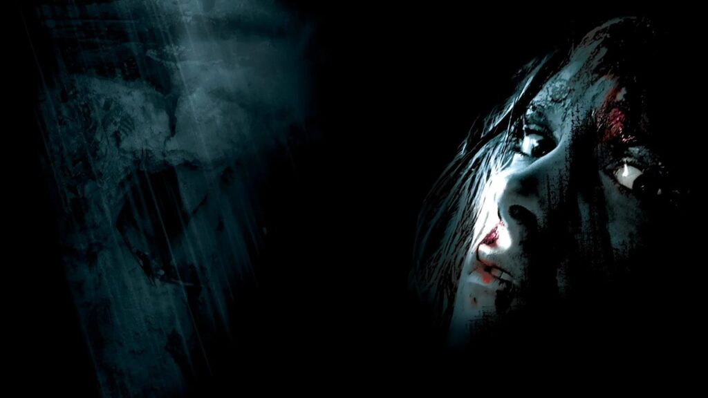 Dark cinematic horror artwork showing a frightened, blood-smeared woman’s face emerging from blackness beside a shadowy blue-gray cave wall.