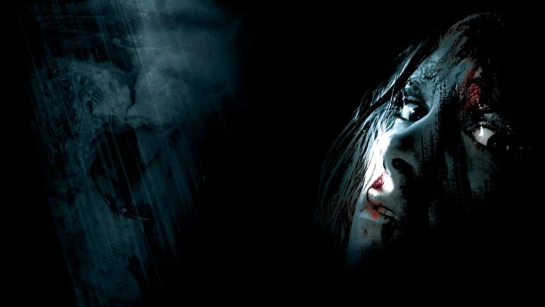 Dark cinematic horror artwork showing a frightened, blood-smeared woman’s face emerging from blackness beside a shadowy blue-gray cave wall.