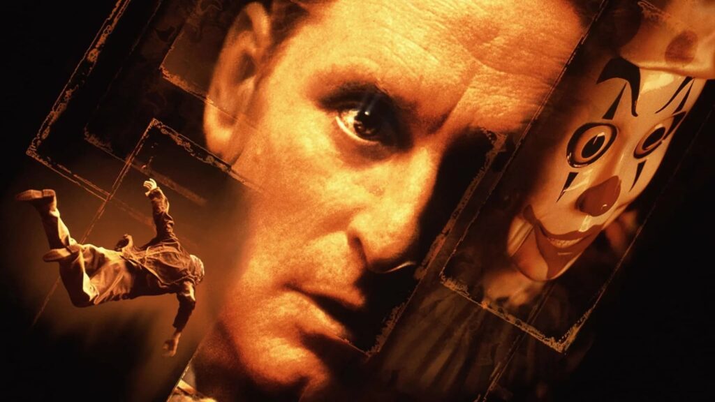 Sepia-orange thriller collage showing a close-up of a worried man’s face, a falling figure, and a white theatrical mask amid tilted black frames.