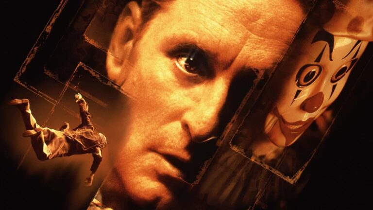 Sepia-orange thriller collage showing a close-up of a worried man’s face, a falling figure, and a white theatrical mask amid tilted black frames.