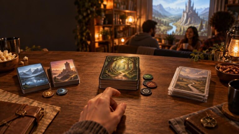 Warmly lit tabletop with several stacks of illustrated fantasy playing cards and round tokens, viewed across a wooden table toward people in a cozy room and a projected mountain valley scene.
