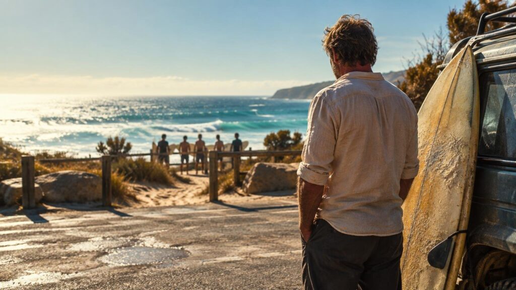 Sunlit coastal scene with a man seen from behind beside a weathered surfboard mounted on a vehicle, looking toward four people near a path above bright ocean waves.