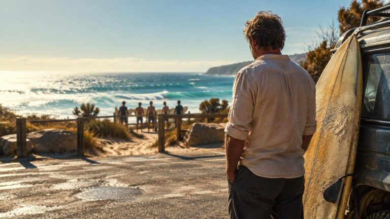 Sunlit coastal scene with a man seen from behind beside a weathered surfboard mounted on a vehicle, looking toward four people near a path above bright ocean waves.