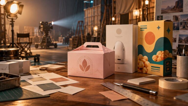 Cinematic film-set workspace with studio lights, a director’s chair, camera equipment, and colorful unbranded product packages arranged on a table with design swatches, tools, and tape.