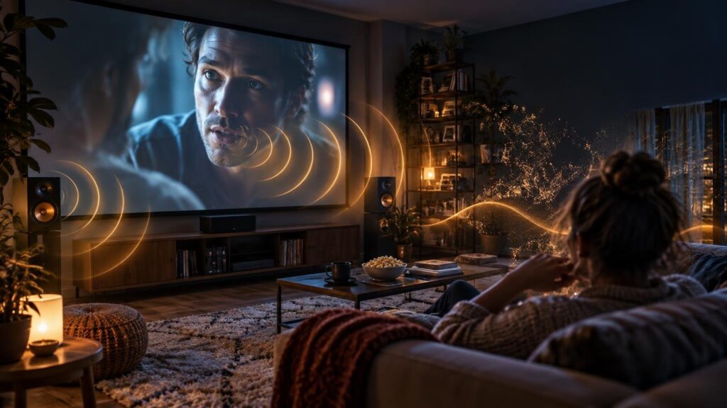 Warmly lit living room with a person watching a close-up dramatic scene on a large projection screen as glowing sound-wave arcs travel from speakers across the room.