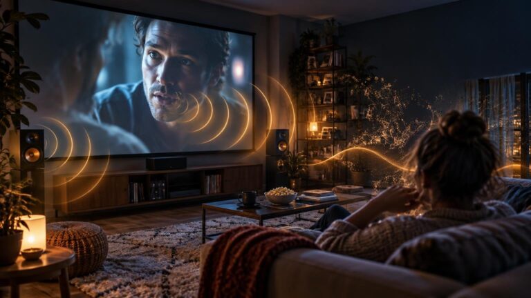 Warmly lit living room with a person watching a close-up dramatic scene on a large projection screen as glowing sound-wave arcs travel from speakers across the room.