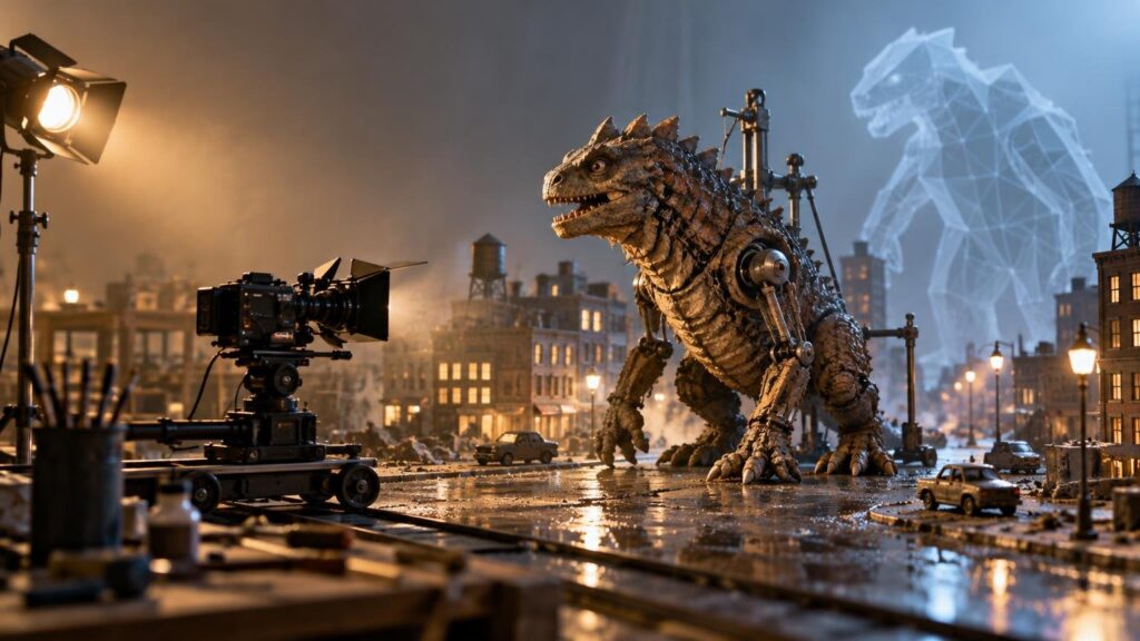 A cinematic miniature city set with a camera and studio light aimed at a detailed mechanical reptile creature, while a translucent wireframe version of the monster rises in the blue-lit background.